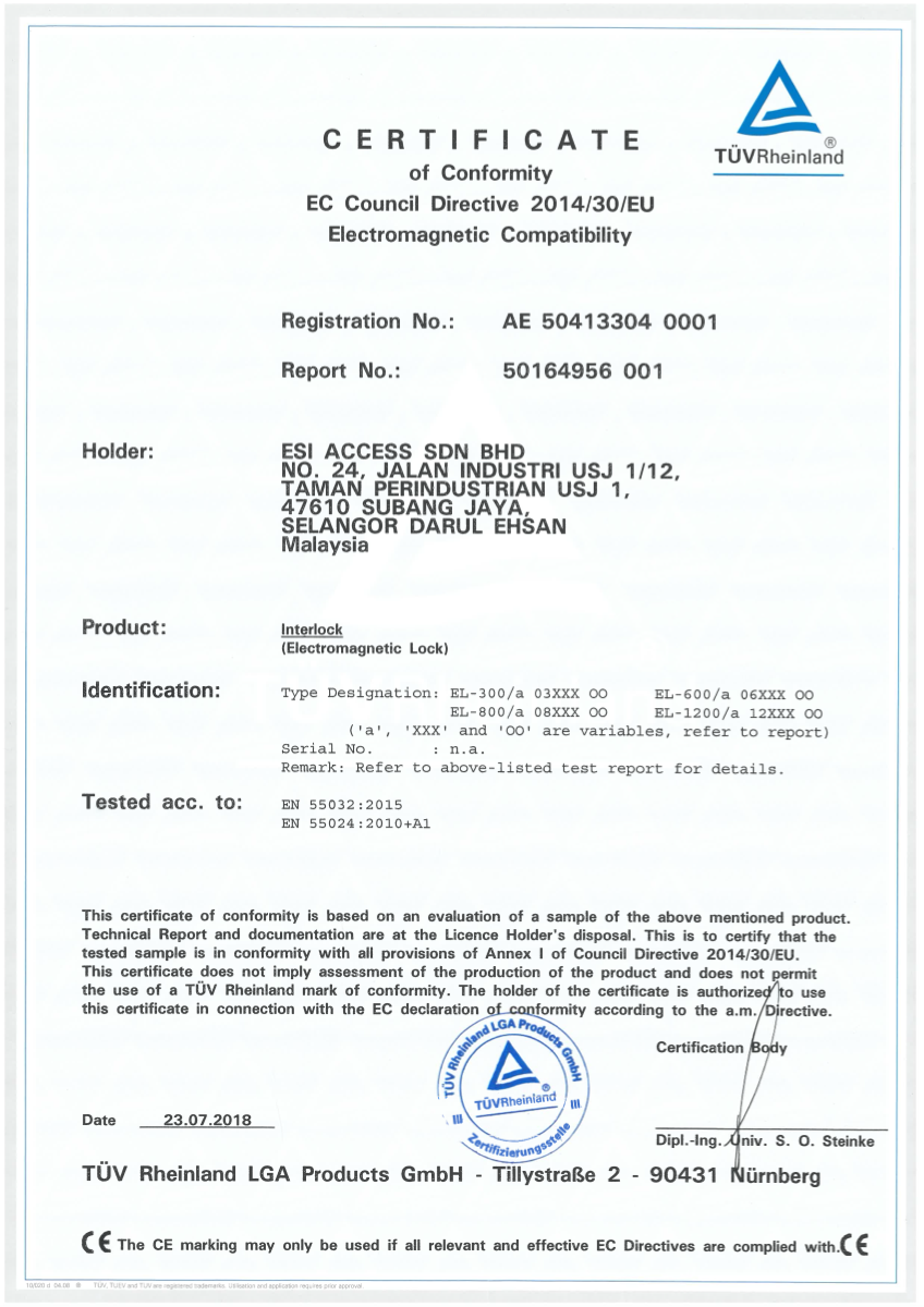 TÜV Rheinland CE certificate of conformity for ESI Access electromagnetic locks