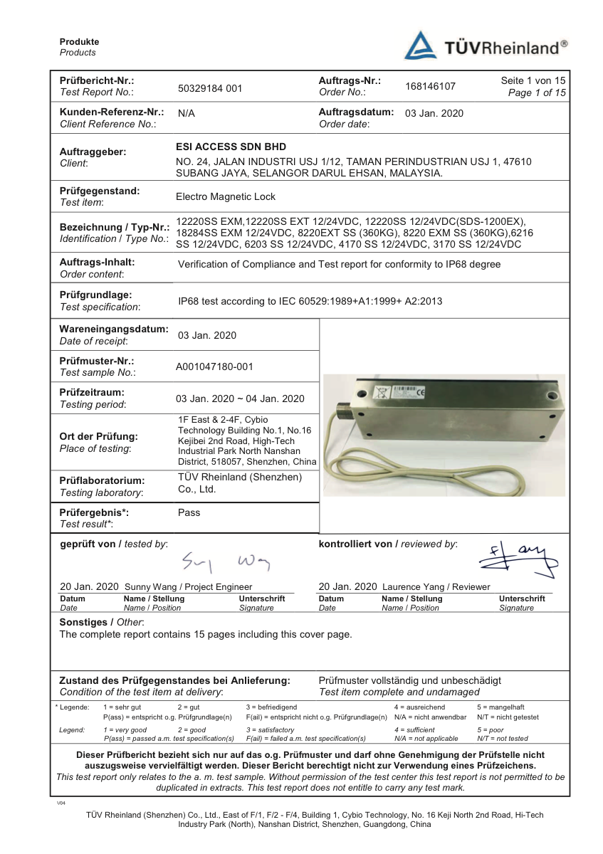 TÜV Rheinland IP68 test report for ESI Access electromagnetic locks